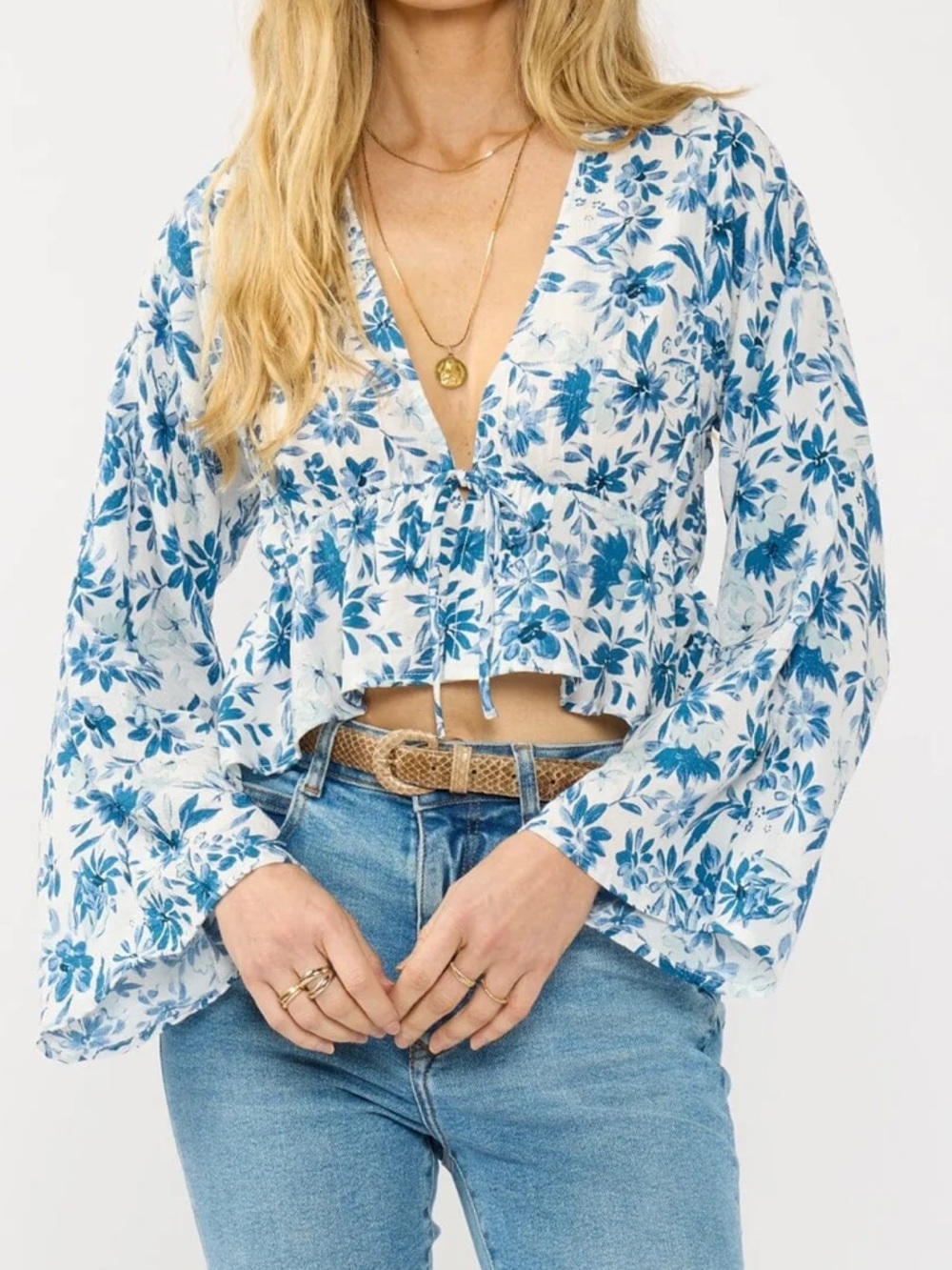 Blue Floral V-Neck Tie-Front Crop Blouse